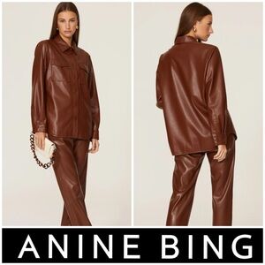 ✨ Anine Bing Hutton Oversized Faux Leather Shirt Shacket Brown Size Large ✨